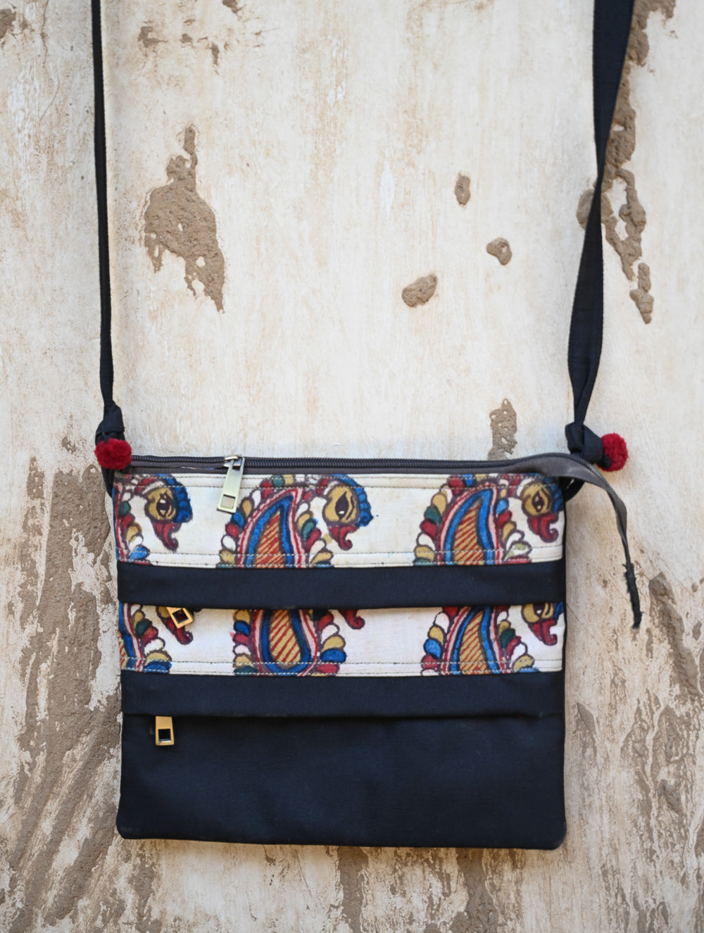 Tri-layered Kalamkari Small Sling Bag - Peacocks