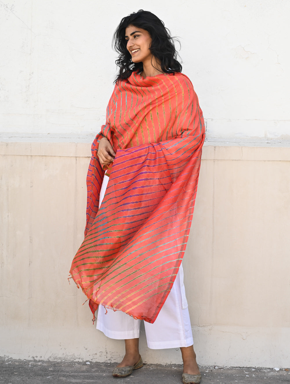 Exclusive Lehariya Chanderi Dupatta - Marigold Wave.