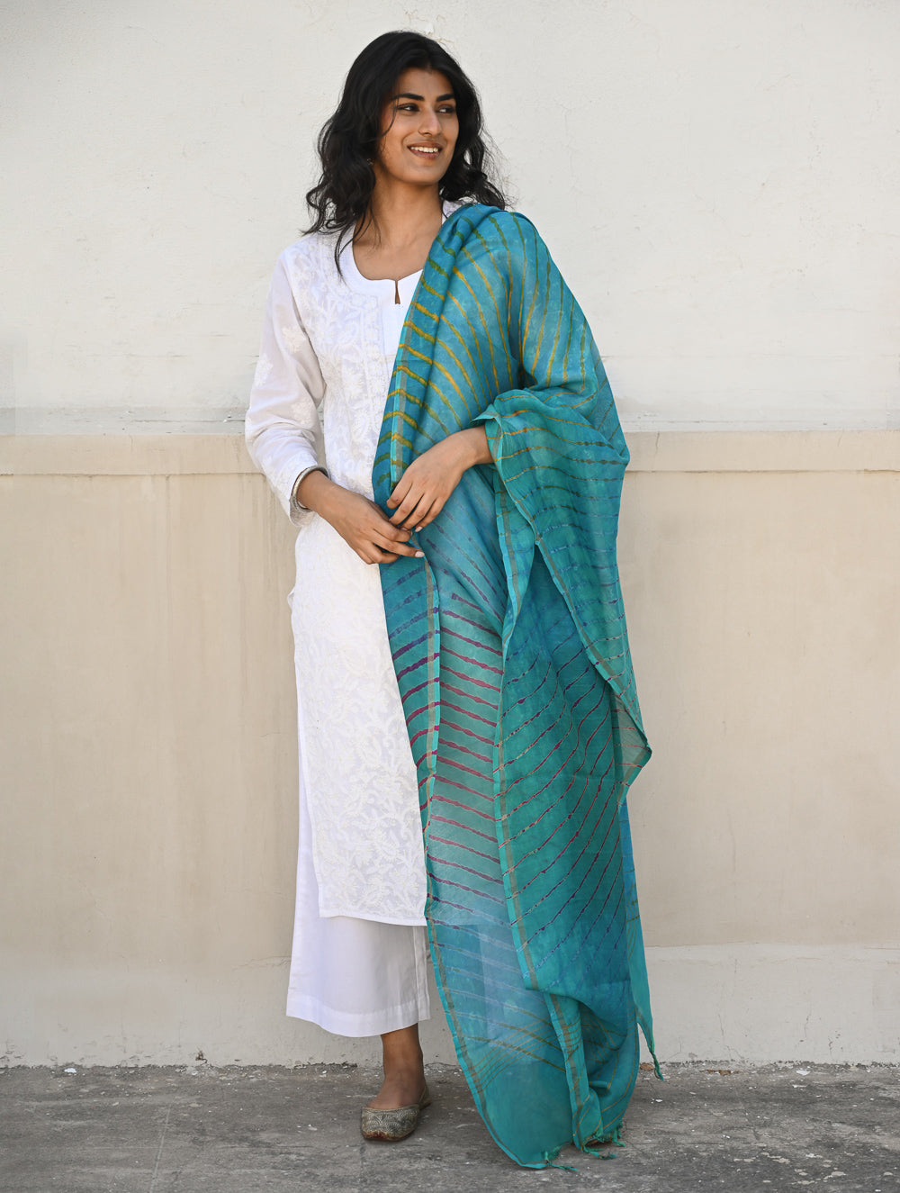 Exclusive Lehariya Chanderi Dupatta - Turquoise Wave.