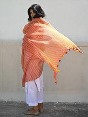 Soft Lehariya Kota Doria Cotton Dupatta - Coral Sunset.