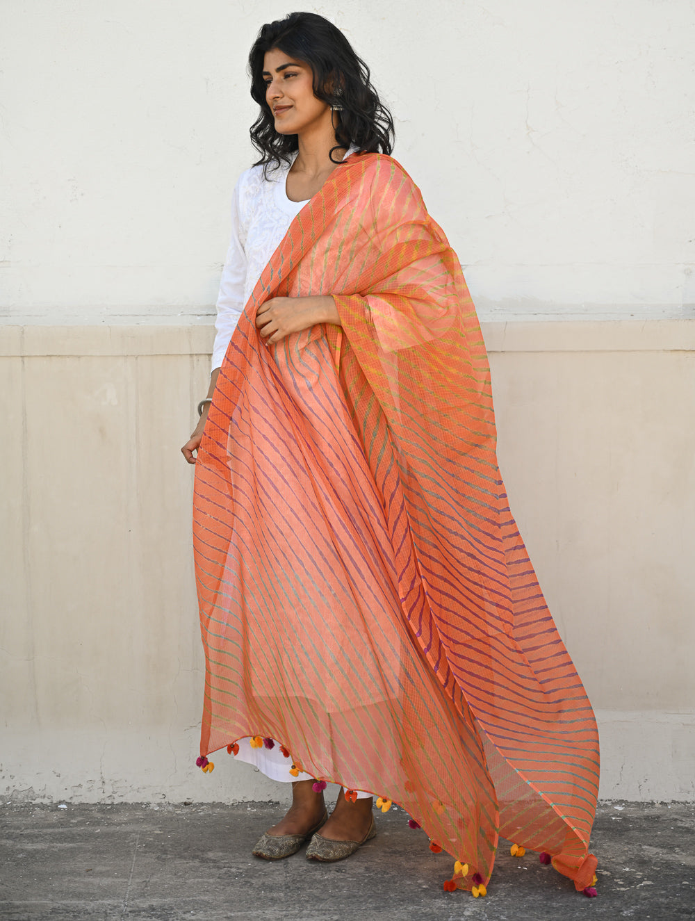 Soft Lehariya Kota Doria Cotton Dupatta - Coral Sunset.