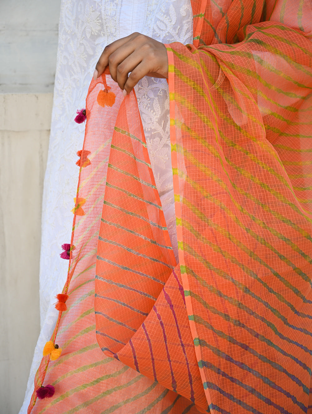 Soft Lehariya Kota Doria Cotton Dupatta - Coral Sunset.