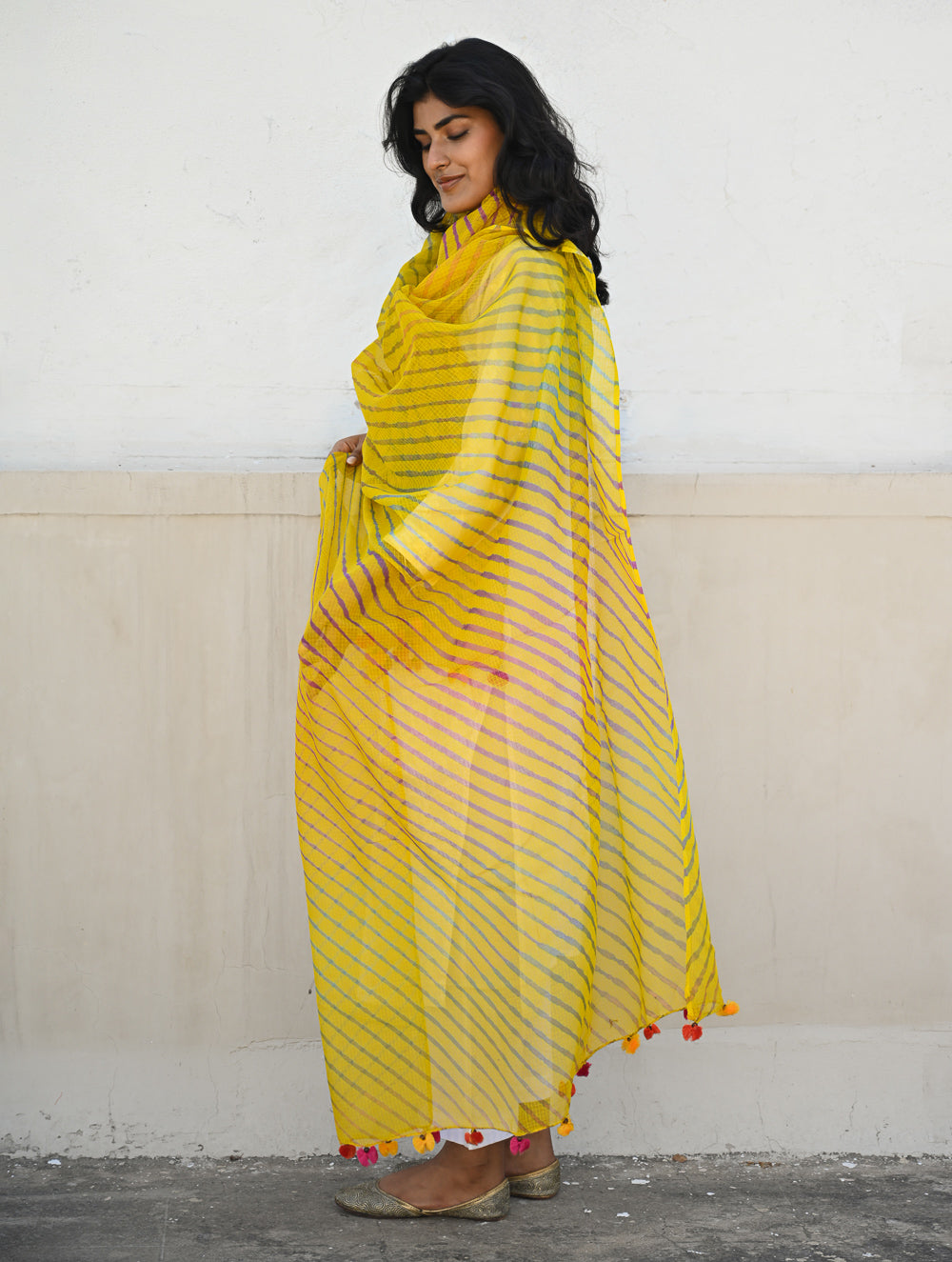 Soft Lehariya Kota Doria Cotton Dupatta - Sunshine Yellow.