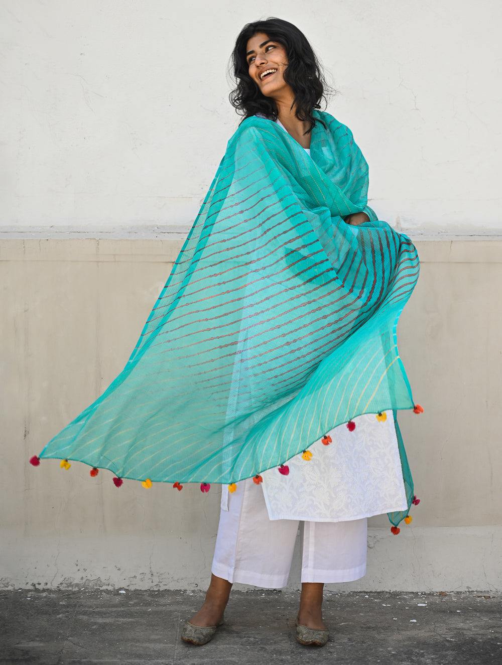 Soft Lehariya Kota Doria Cotton Dupatta - Teal Breeze.