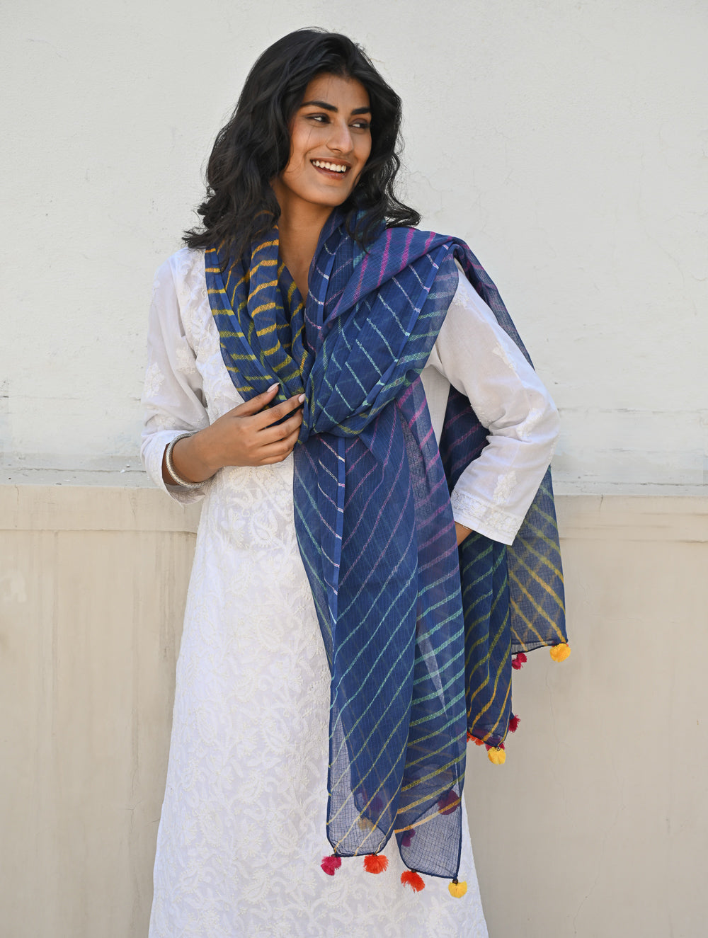 Soft Lehariya Kota Doria Cotton Dupatta - Midnight Blue.
