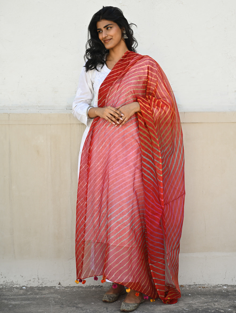 Soft Lehariya Kota Doria Cotton Dupatta - Scarlet Red.