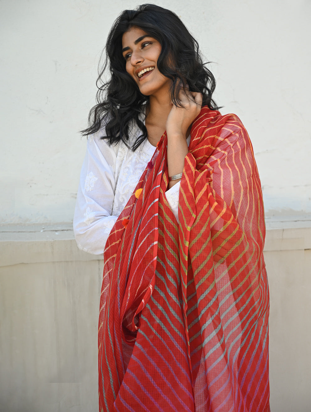 Soft Lehariya Kota Doria Cotton Dupatta - Scarlet Red.