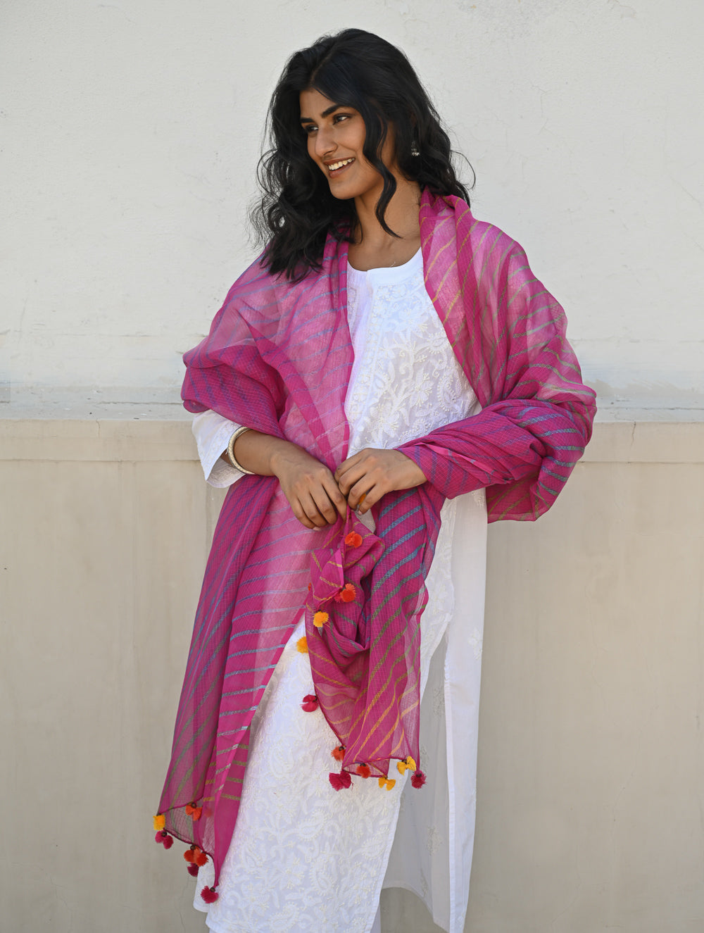Soft Lehariya Kota Doria Cotton Dupatta - Rose Pink.