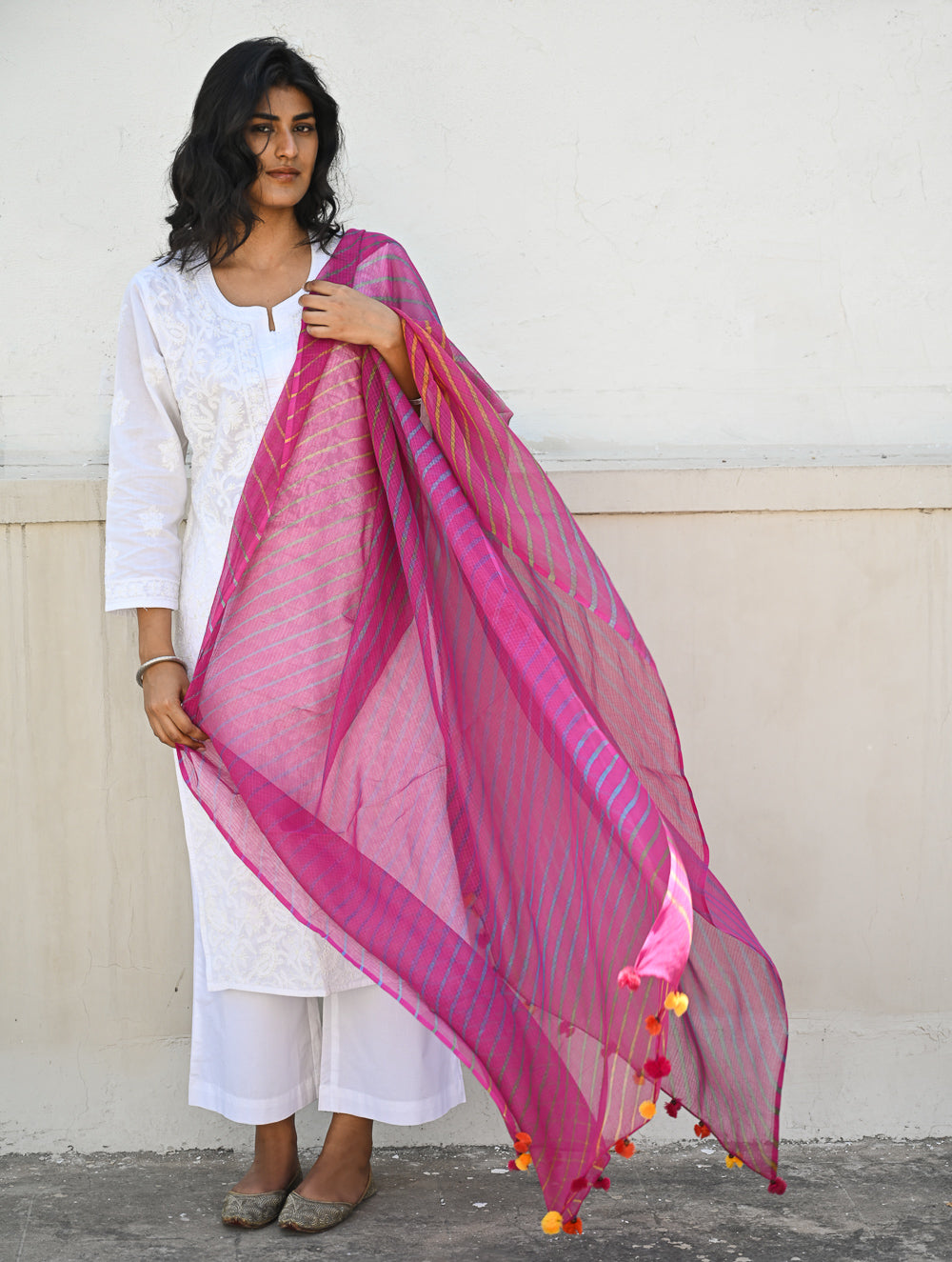 Soft Lehariya Kota Doria Cotton Dupatta - Rose Pink.