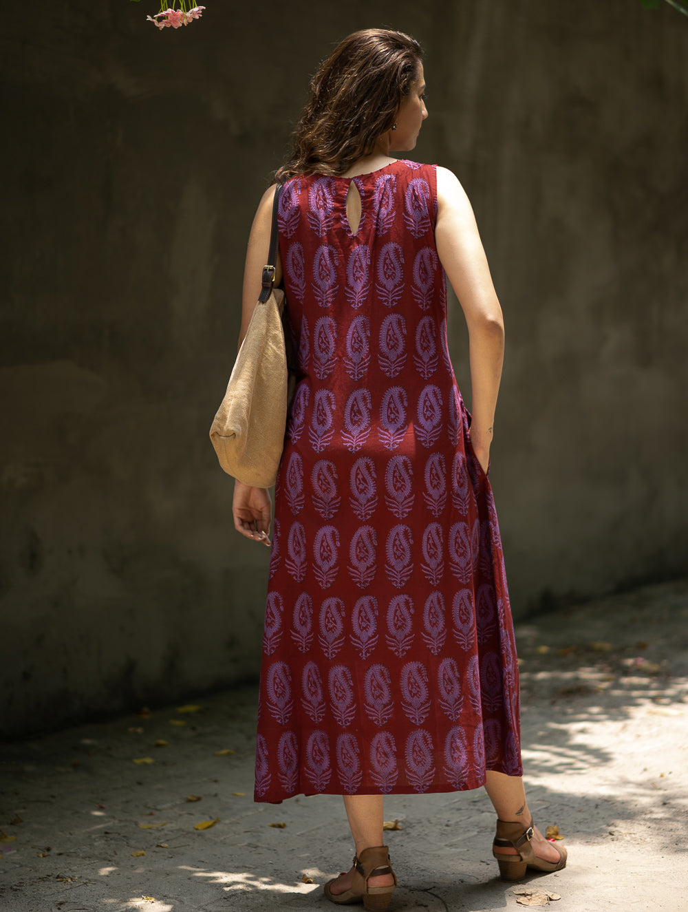 Bagh Print Cool Cotton Dress - Mauve Paisley