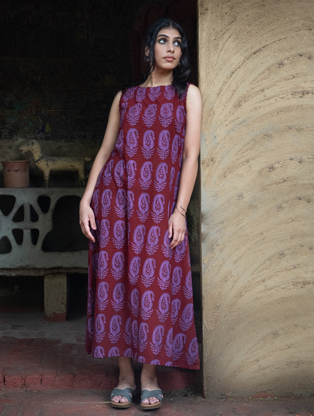 Bagh Print Cool Cotton Dress - Mauve Paisley