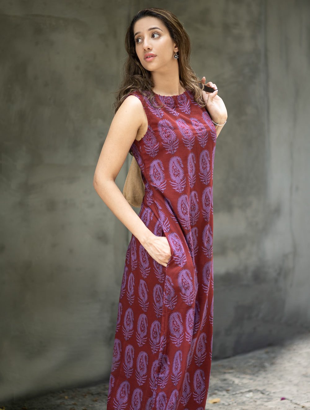 Bagh Print Cool Cotton Dress - Mauve Paisley