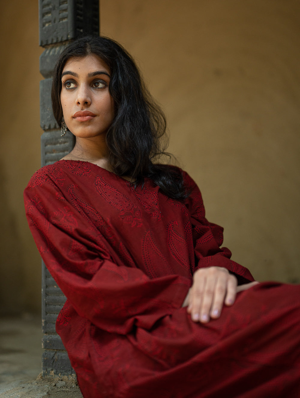 Bagh Print Cool Cotton Phiran Kurta - Red Paisley