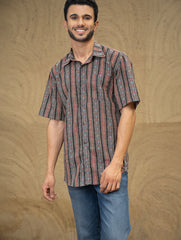 Bagru Hand Block Printed Cotton Shirt - Black Stripes