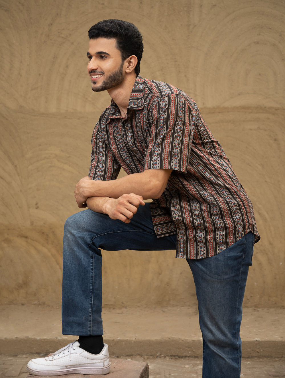 Bagru Hand Block Printed Cotton Shirt - Black Stripes