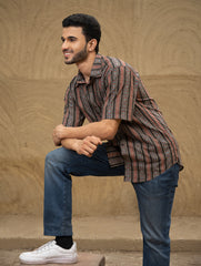 Bagru Hand Block Printed Cotton Shirt - Black Stripes