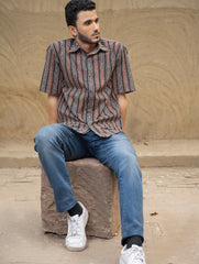 Bagru Hand Block Printed Cotton Shirt - Black Stripes