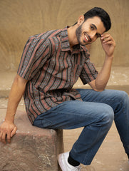 Bagru Hand Block Printed Cotton Shirt - Black Stripes