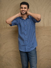 Load image into Gallery viewer, Bagru Hand Block Printed Cotton Shirt - Blue Camels