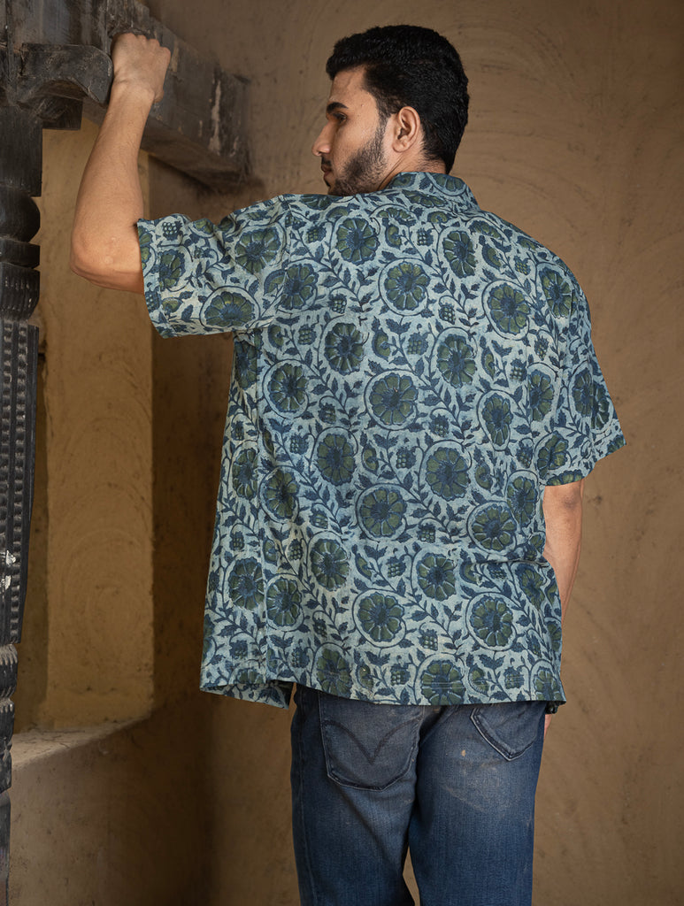 Bagru Hand Block Printed Cotton Shirt - Blue Floral