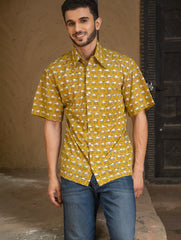 Bagru Hand Block Printed Cotton Shirt - Mustard Camels