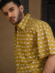 Bagru Hand Block Printed Cotton Shirt - Mustard Camels