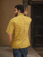 Bagru Hand Block Printed Cotton Shirt - Mustard Camels