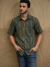 Bagru Hand Block Printed Cotton Shirt - Olive Stripes