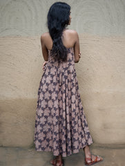 Bagru Hand Block Printed Halter Dress - Brown Lotus