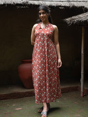 Bagru Hand Block Printed Halter Dress - Rust Oriental