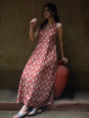 Bagru Hand Block Printed Halter Dress - Rust Oriental