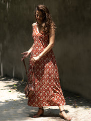Bagru Hand Block Printed Halter Dress - Rust Oriental