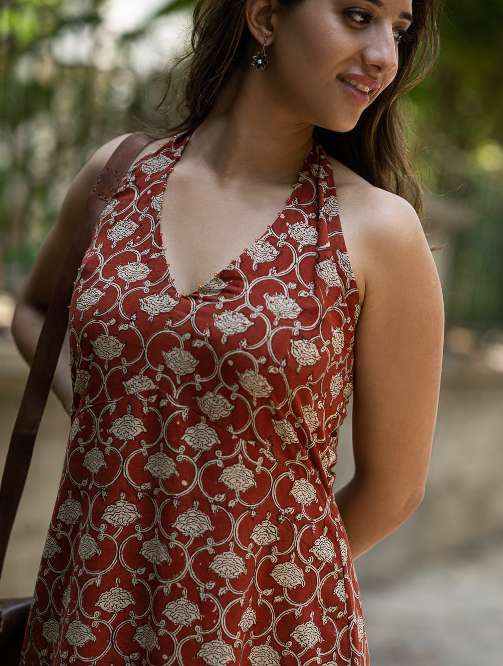 Bagru Hand Block Printed Halter Dress - Rust Oriental