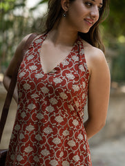 Bagru Hand Block Printed Halter Dress - Rust Oriental