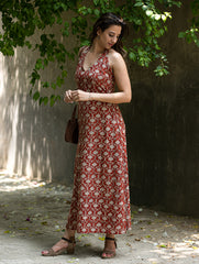 Bagru Hand Block Printed Halter Dress - Rust Oriental