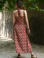 Bagru Hand Block Printed Halter Dress - Rust Oriental