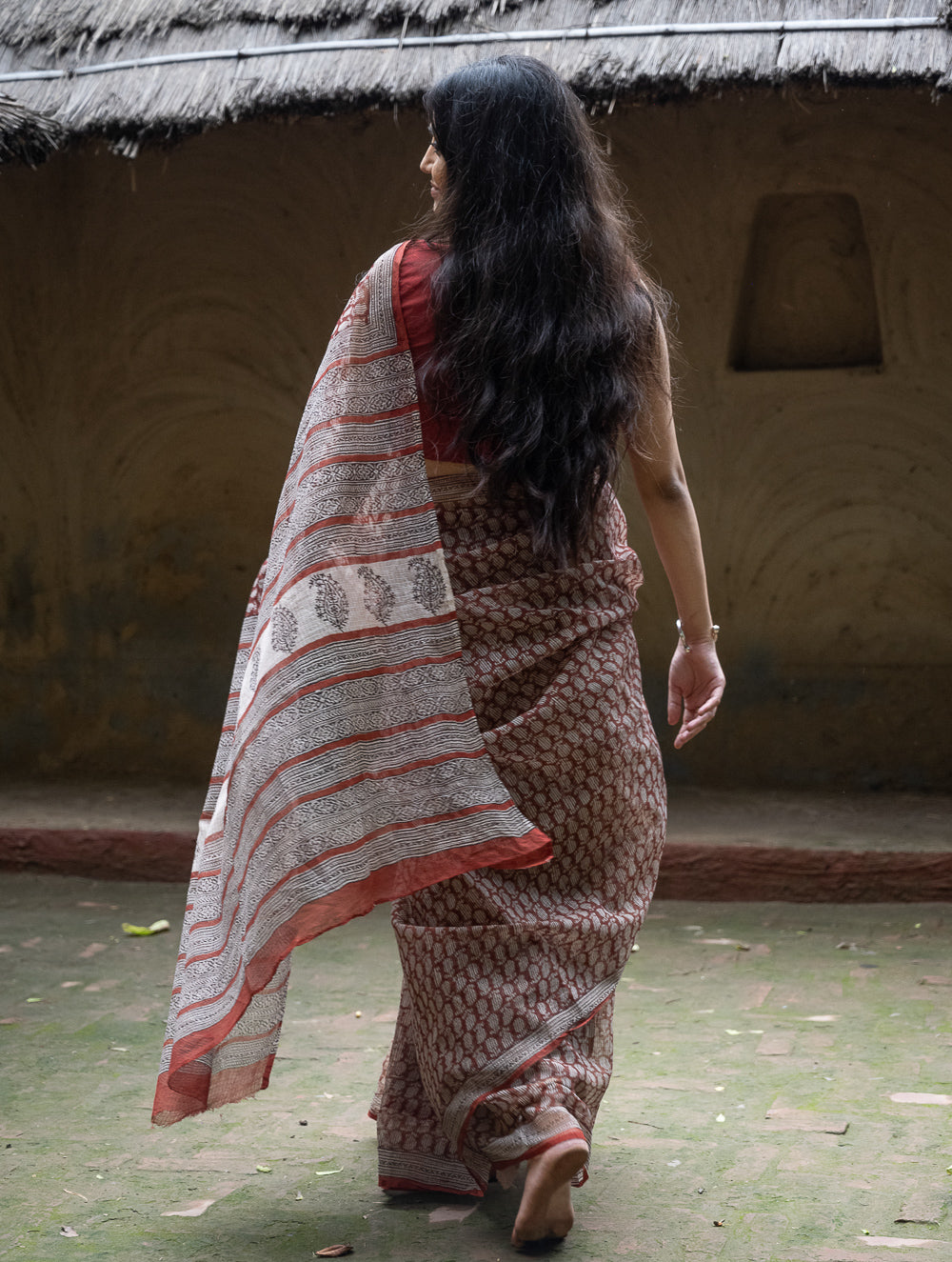 Bagru Hand Block Printed Kota Doria Saree - Deep Red Paisley