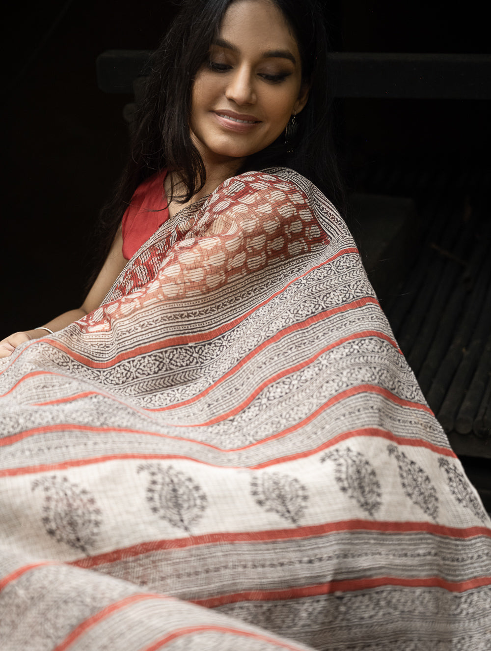 Bagru Hand Block Printed Kota Doria Saree - Deep Red Paisley