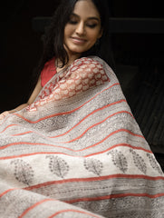 Bagru Hand Block Printed Kota Doria Saree - Deep Red Paisley