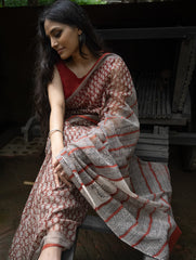 Bagru Hand Block Printed Kota Doria Saree - Deep Red Paisley