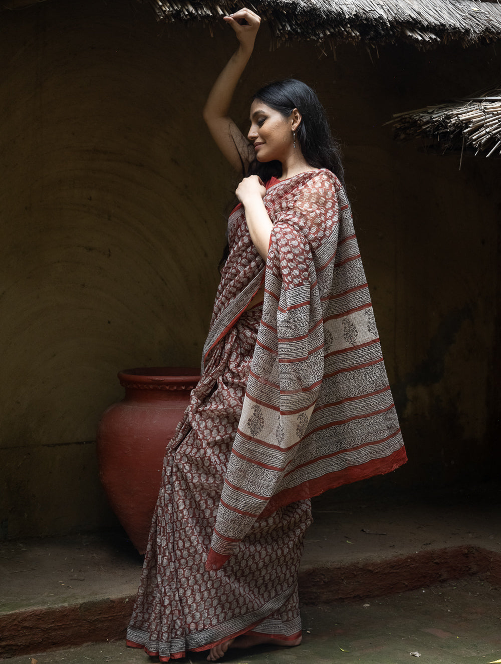 Bagru Hand Block Printed Kota Doria Saree - Deep Red Paisley