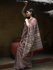 Bagru Hand Block Printed Kota Doria Saree - Deep Red Paisley