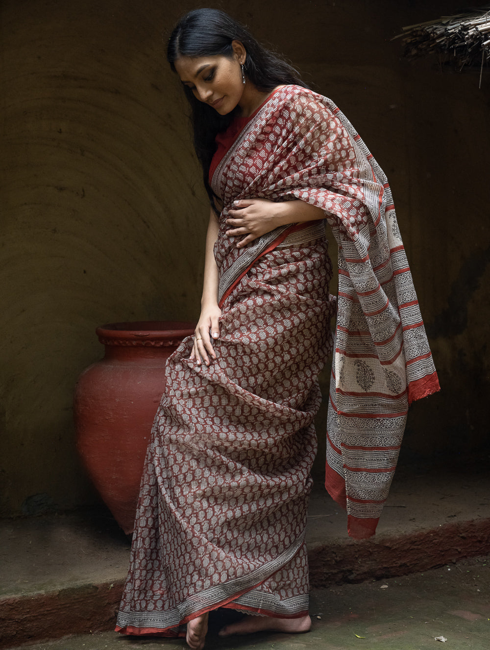Bagru Hand Block Printed Kota Doria Saree - Deep Red Paisley