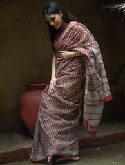 Bagru Hand Block Printed Kota Doria Saree - Deep Red Paisley