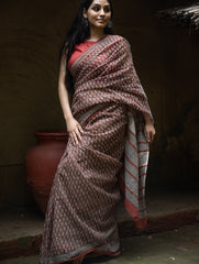 Bagru Hand Block Printed Kota Doria Saree - Deep Red Paisley