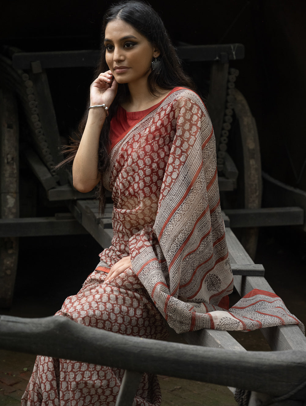 Bagru Hand Block Printed Kota Doria Saree - Deep Red Paisley