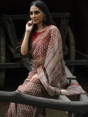 Bagru Hand Block Printed Kota Doria Saree - Deep Red Paisley