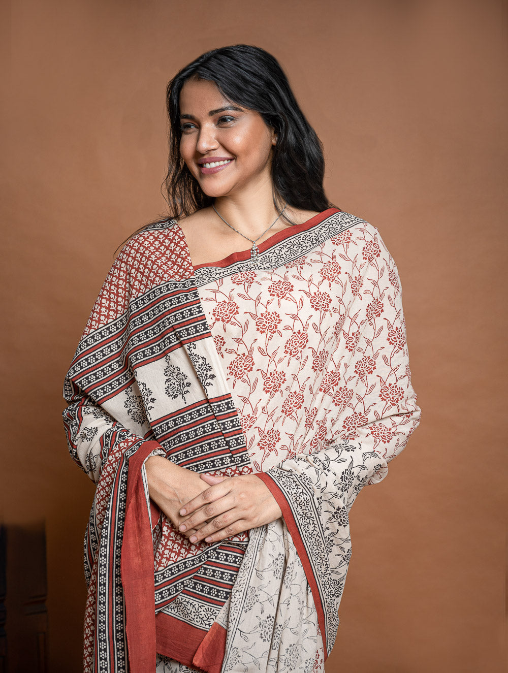 Bagru Statements. Hand Block Printed Mul Cotton Saree - Beige Flora
