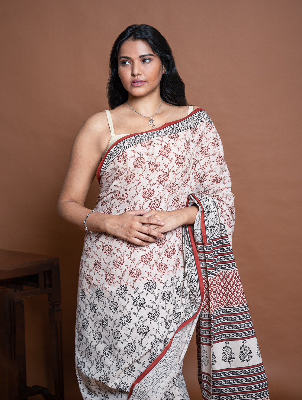Bagru Statements. Hand Block Printed Mul Cotton Saree - Beige Flora