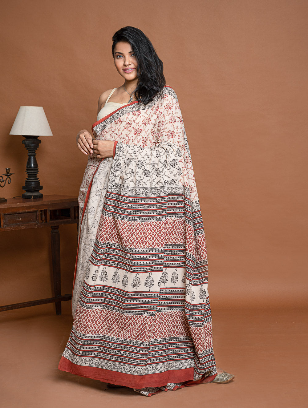 Bagru Statements. Hand Block Printed Mul Cotton Saree - Beige Flora